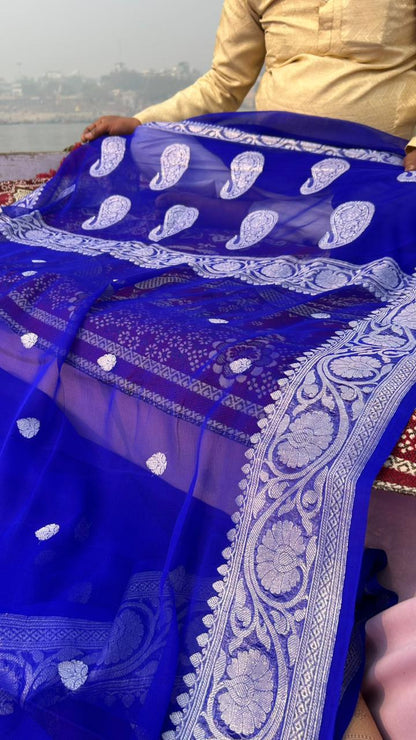 Royal Blue Khadi Georgette Banarasi Saree – Silver Zari Weaving | Ring Test Handloom Saree