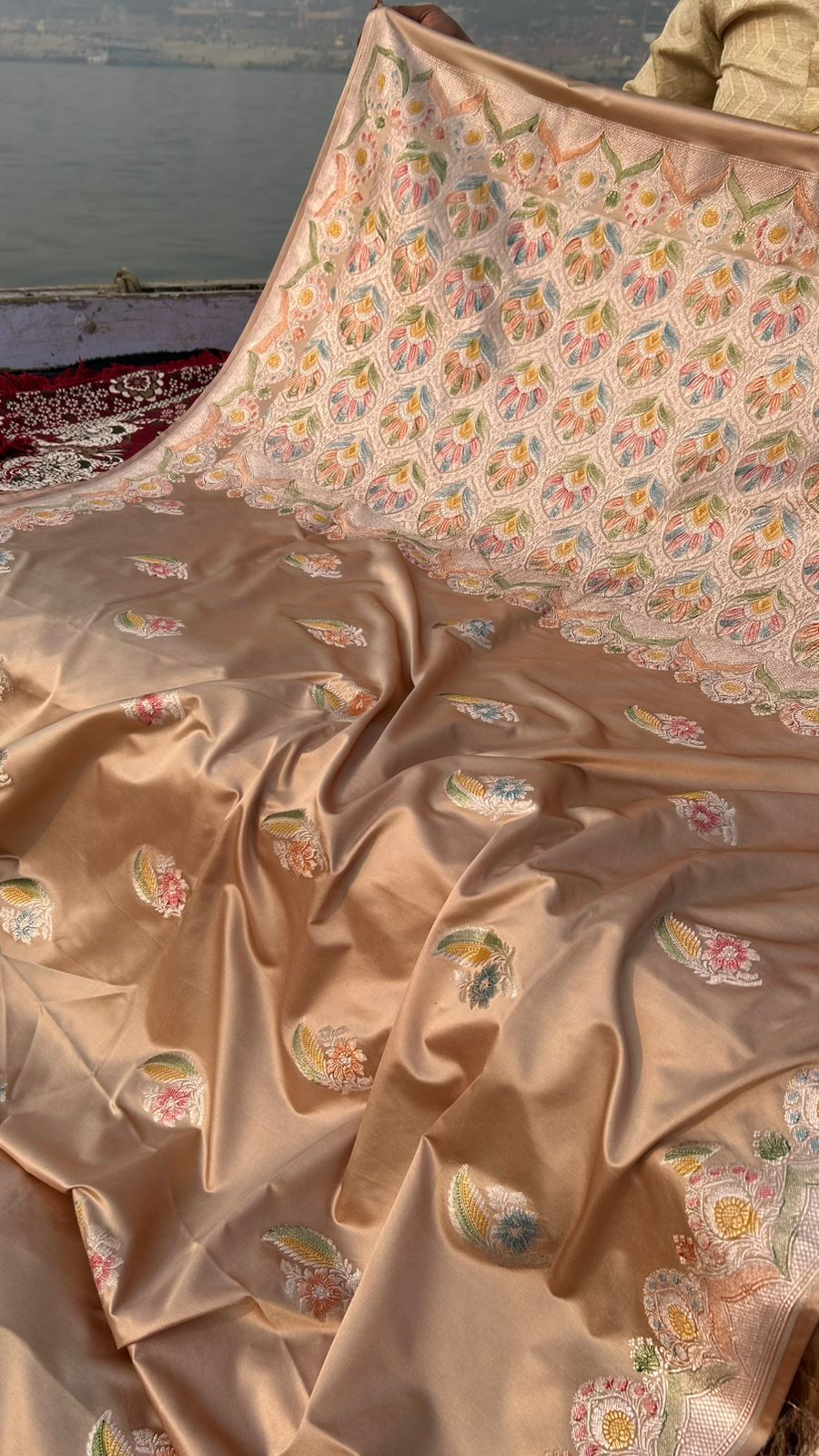Majestic Camel Copper Handbrush Mashru Silk Saree – Hand Painted Meenakari | Scallop Border Banarasi Saree