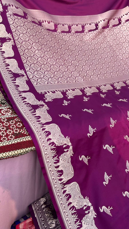 Magenta Purple Mashru Katan Silk Saree – Nandi Bail Border & Siberian Bird Motifs | Artistic Banarasi Saree