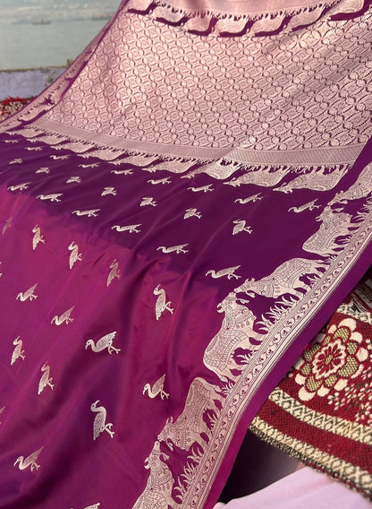 Magenta Purple Mashru Katan Silk Saree – Nandi Bail Border & Siberian Bird Motifs | Artistic Banarasi Saree