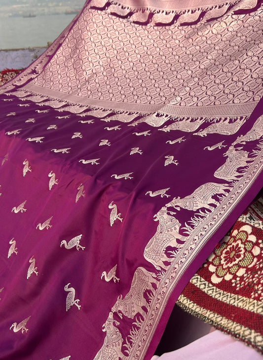 Magenta Purple Mashru Katan Silk Saree – Nandi Bail Border & Siberian Bird Motifs | Artistic Banarasi Saree