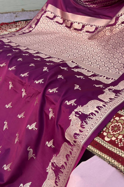 Magenta Purple Mashru Katan Silk Saree – Nandi Bail Border & Siberian Bird Motifs | Artistic Banarasi Saree
