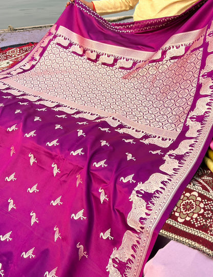 Magenta Purple Mashru Katan Silk Saree – Nandi Bail Border & Siberian Bird Motifs | Artistic Banarasi Saree