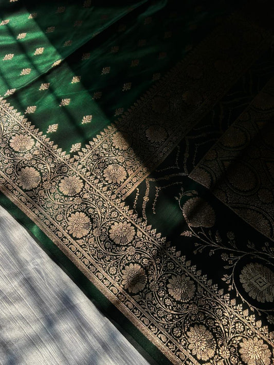 Bottle Green Satin Silk Saree | Floral Border with Traditional Butti Body | Elegant Party Wear Saree