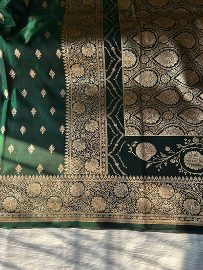 Bottle Green Satin Silk Saree | Floral Border with Traditional Butti Body | Elegant Party Wear Saree