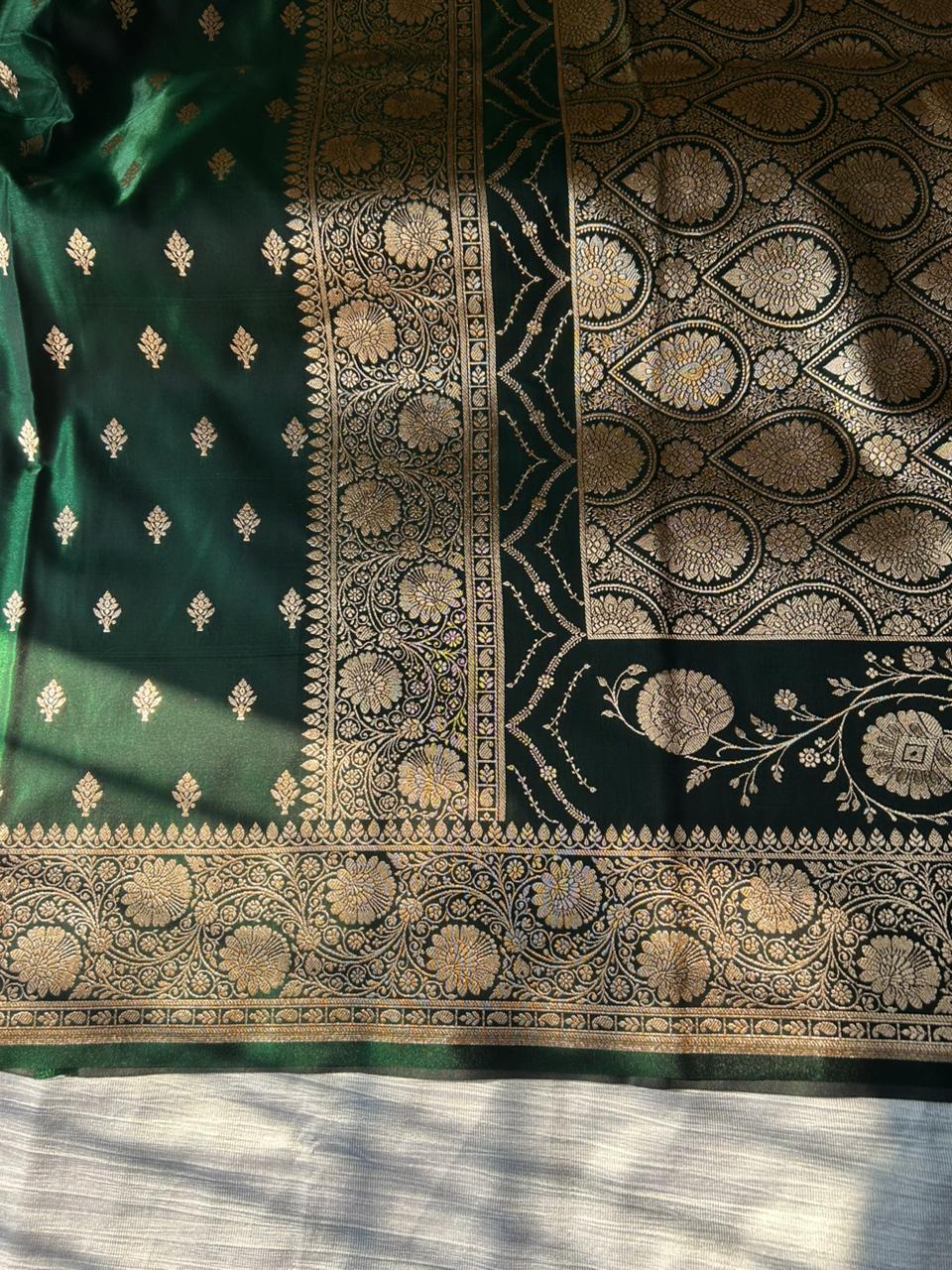 Bottle Green Satin Silk Saree | Floral Border with Traditional Butti Body | Elegant Party Wear Saree