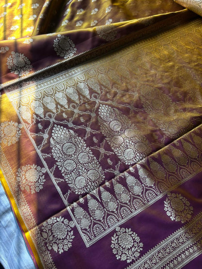 Sunburn Golden Satin Silk Saree – Open Border Elegance