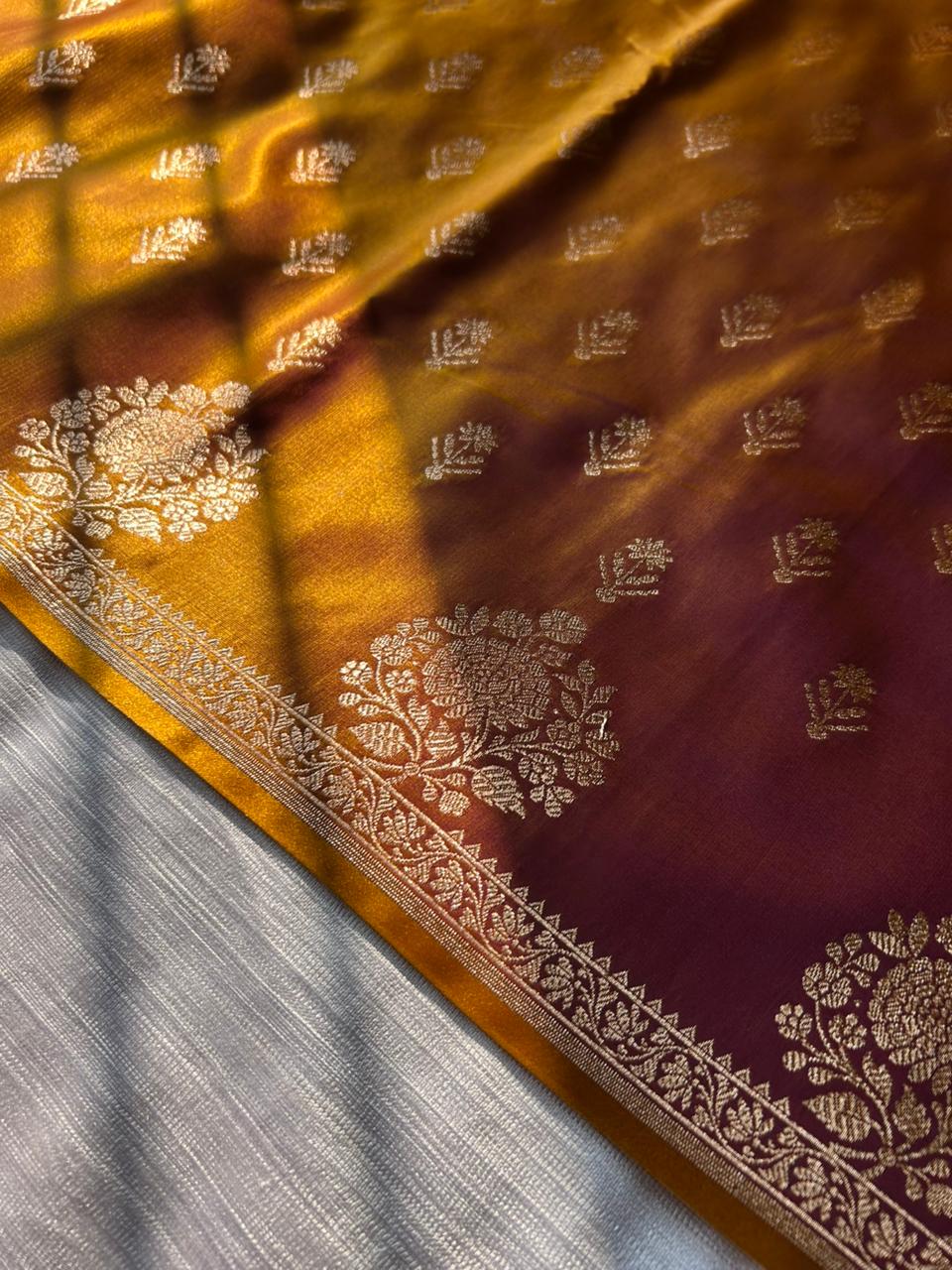 Sunburn Golden Satin Silk Saree – Open Border Elegance