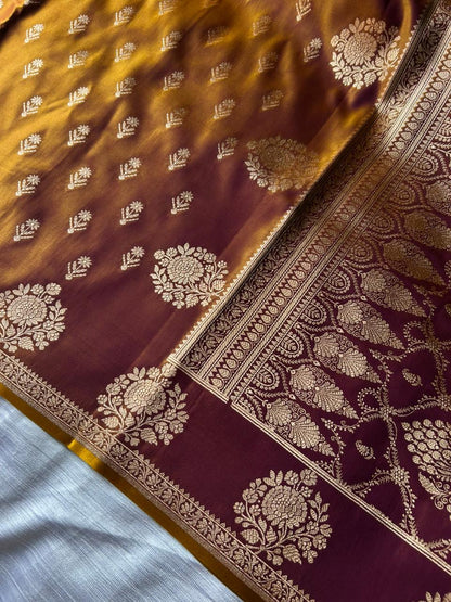 Sunburn Golden Satin Silk Saree – Open Border Elegance