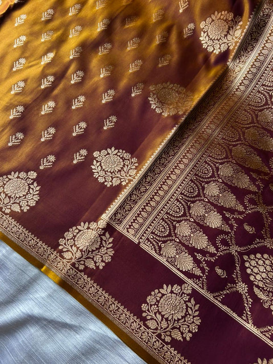 Sunburn Golden Satin Silk Saree – Open Border Elegance