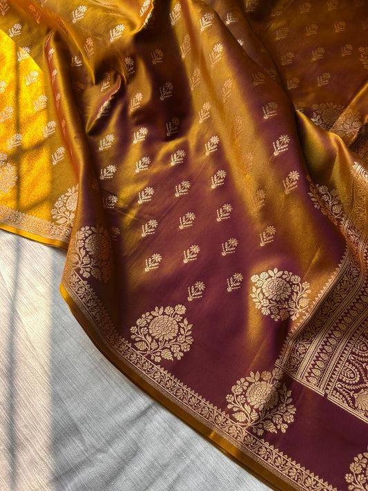 Sunburn Golden Satin Silk Saree – Open Border Elegance