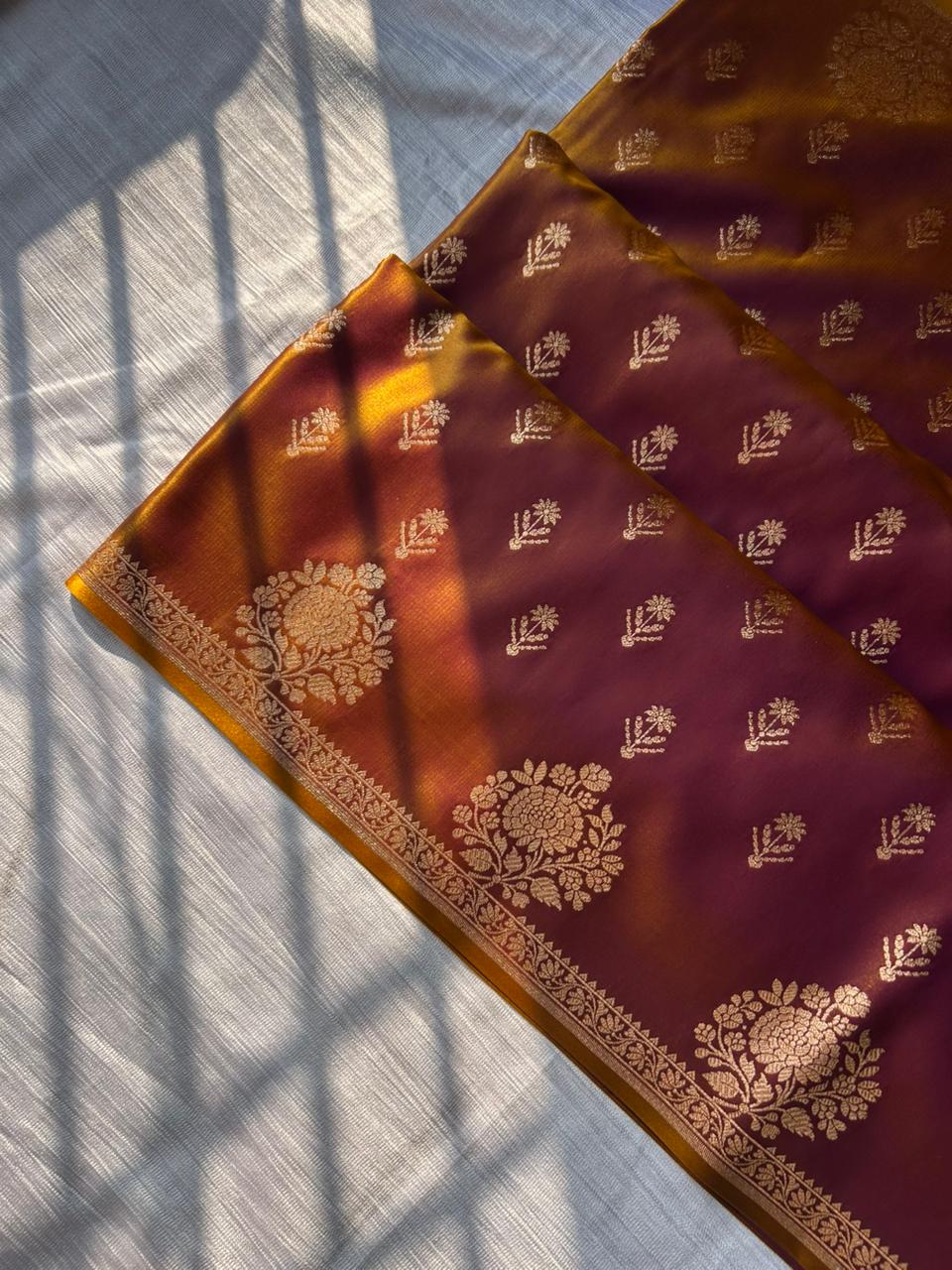 Sunburn Golden Satin Silk Saree – Open Border Elegance