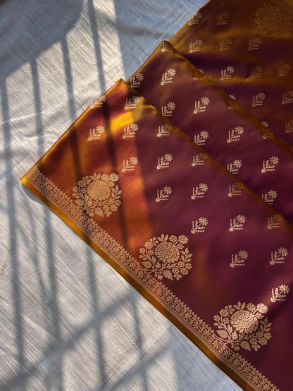 Sunburn Golden Satin Silk Saree – Open Border Elegance