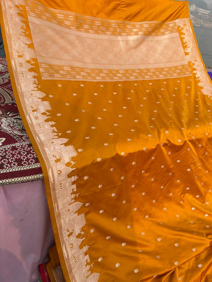 Mustard Yellow Banarasi Ghat Design Saree – Premium Mashru Silk | Maa Ganga Border | Festive Wear