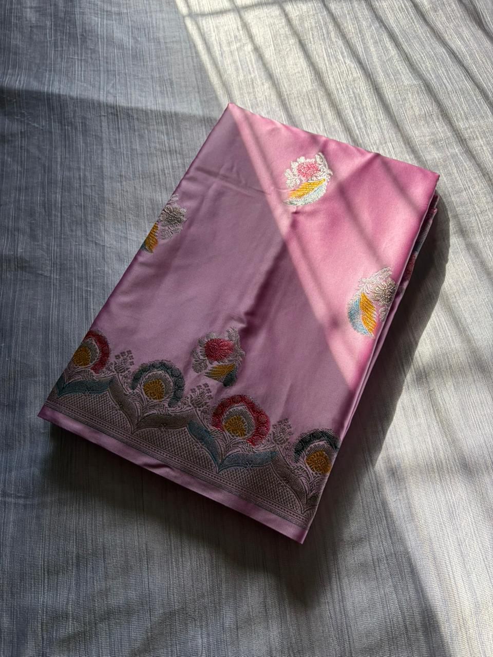 Powder Pink Premium Mashru Katan Silk Saree | Handcrafted Meenakari Double Leaf Design