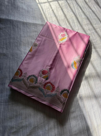 Powder Pink Premium Mashru Katan Silk Saree | Handcrafted Meenakari Double Leaf Design