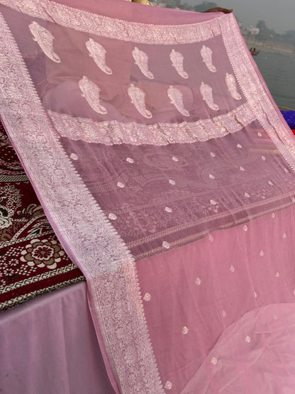 Rose Pink Handcrafted Khadi Georgette Saree – Pure Elegance from Banaras