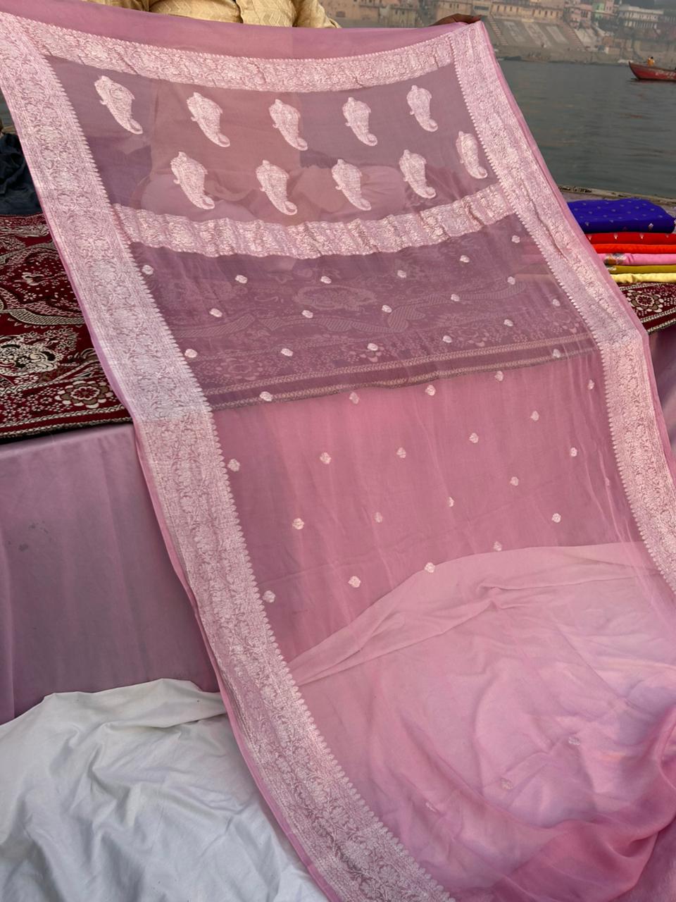 Rose Pink Handcrafted Khadi Georgette Saree – Pure Elegance from Banaras