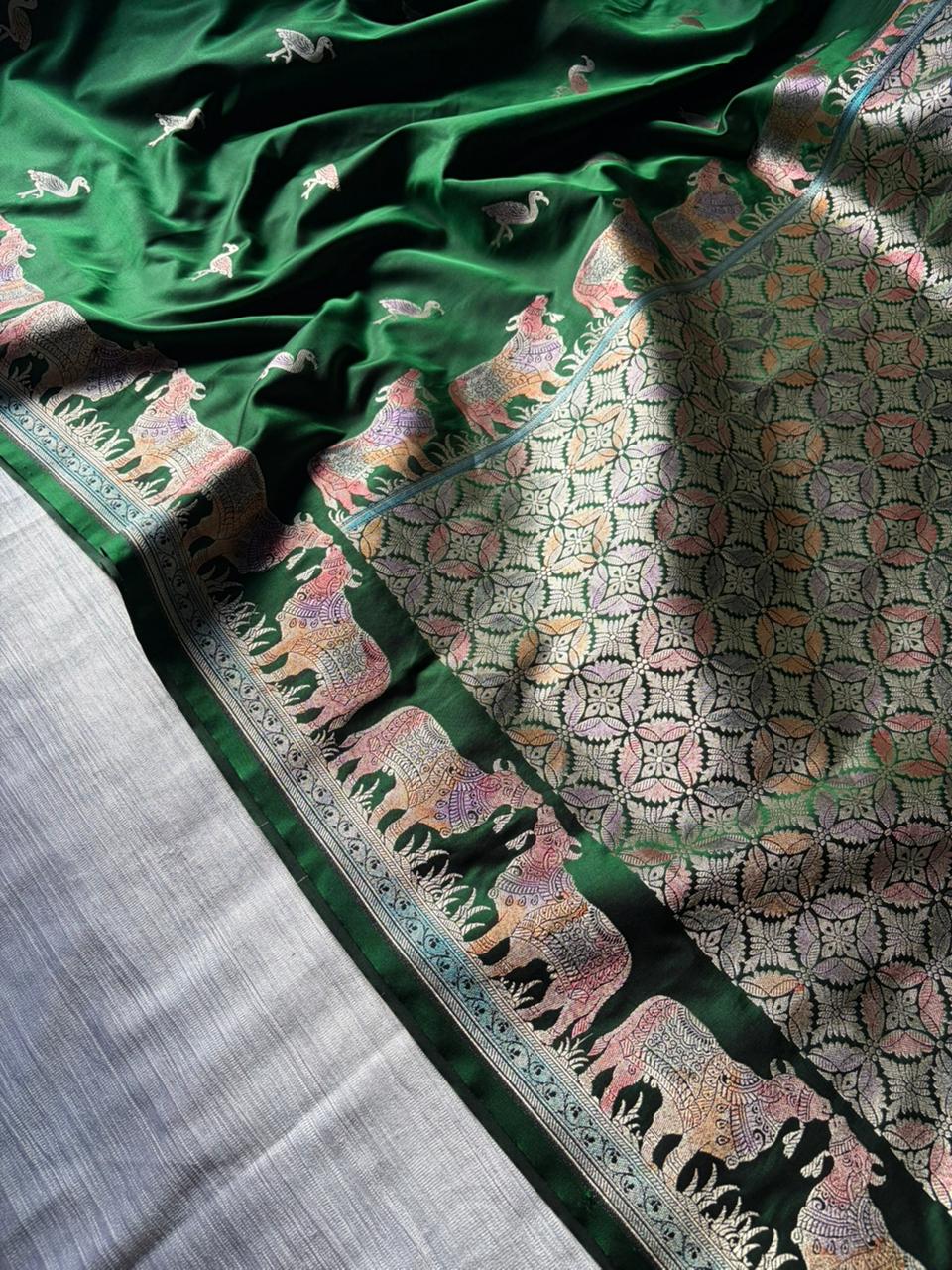 Exclusive Nandi Hath Rang Bottle Green Mashru Katan Silk Saree with Hand-Painted Meenakari & Pichwai Sikargha Border | Premium Banarasi Designer Saree