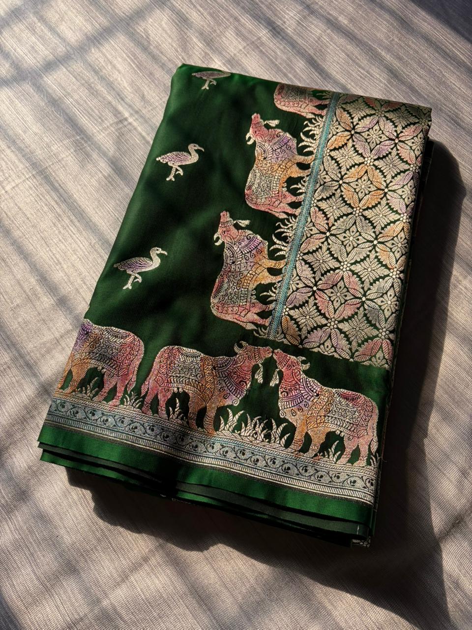 Exclusive Nandi Hath Rang Bottle Green Mashru Katan Silk Saree with Hand-Painted Meenakari & Pichwai Sikargha Border | Premium Banarasi Designer Saree