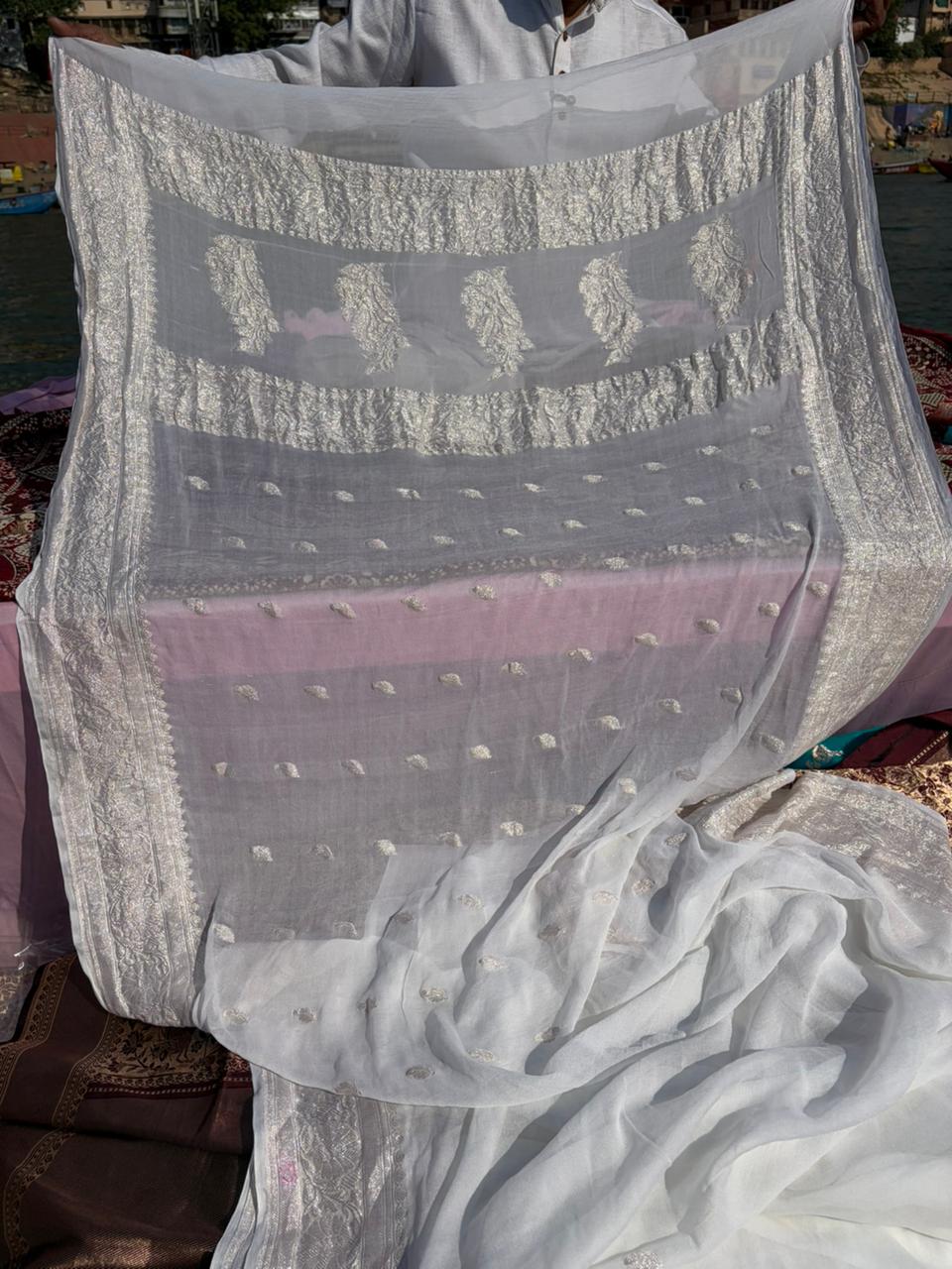 Pure Khadi Georgette Handloom Saree – Real Silver Zari | White Minimal Luxury | Lightweight Premium Saree