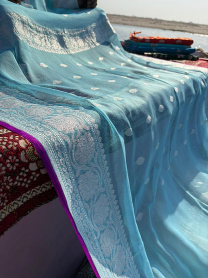 Ice Blue Khadi Georgette Saree with Magenta Purple Contrast – Handloom Elegance | Lightweight Premium Saree