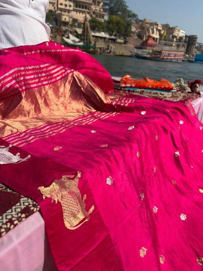 Pure Khandua Raw Mango Silk Pichwai Saree – Rani Pink | Sona Rupa Real Zari | Nandi Border | Luxury Handloom Saree