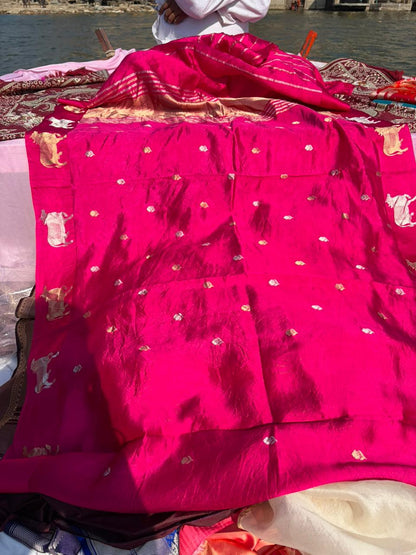 Pure Khandua Raw Mango Silk Pichwai Saree – Rani Pink | Sona Rupa Real Zari | Nandi Border | Luxury Handloom Saree