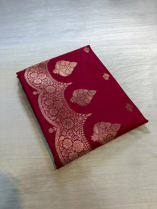 Hot Pink Semi Katan Banarasi Saree with Scallop Border | Copper Gold Zari Buti Work | Designer Brocade Jacquard Blouse | Lightweight Party Wear Saree