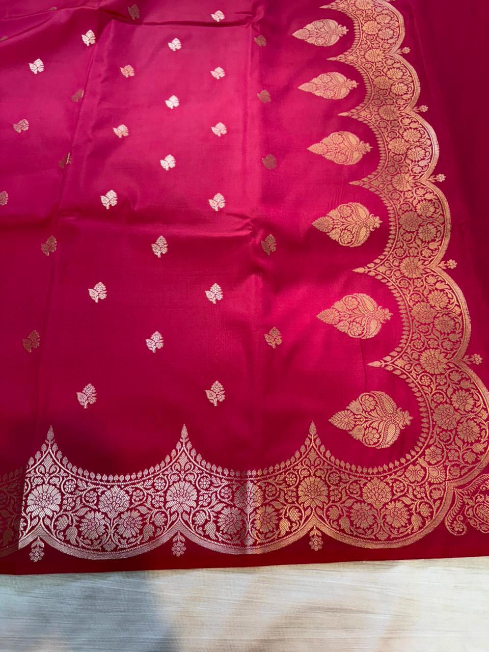 Hot Pink Semi Katan Banarasi Saree with Scallop Border | Copper Gold Zari Buti Work | Designer Brocade Jacquard Blouse | Lightweight Party Wear Saree