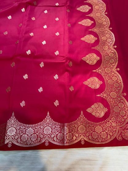Hot Pink Semi Katan Banarasi Saree with Scallop Border | Copper Gold Zari Buti Work | Designer Brocade Jacquard Blouse | Lightweight Party Wear Saree