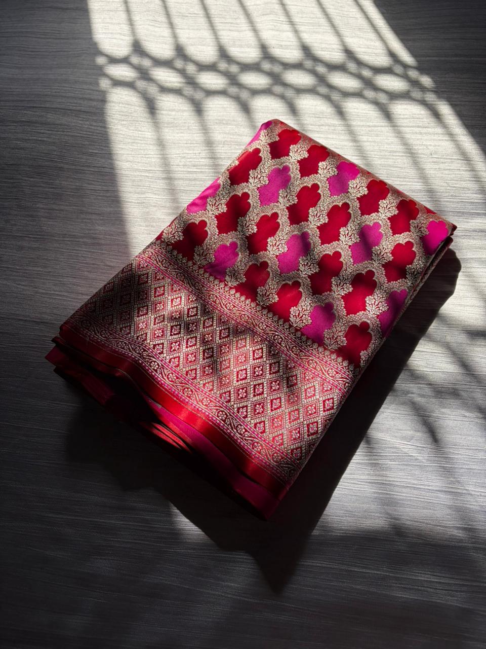 Surkh Meher Rangkart Banarasi Saree in Mashru Katan Silk | Bridal Red Pink Saree with Light Gold Zari Border | Premium Wedding Wear