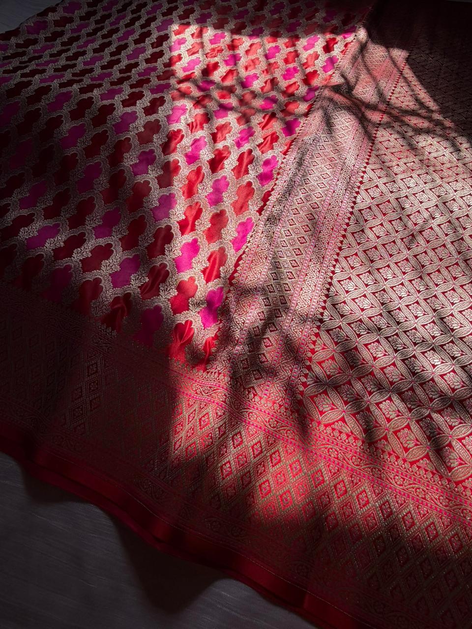 Surkh Meher Rangkart Banarasi Saree in Mashru Katan Silk | Bridal Red Pink Saree with Light Gold Zari Border | Premium Wedding Wear
