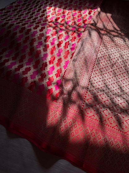 Surkh Meher Rangkart Banarasi Saree in Mashru Katan Silk | Bridal Red Pink Saree with Light Gold Zari Border | Premium Wedding Wear