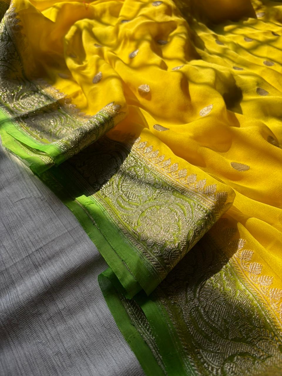 Lemon Yellow & Kaccha Aam Green Khadi Georgette Saree with Real Silver Zari