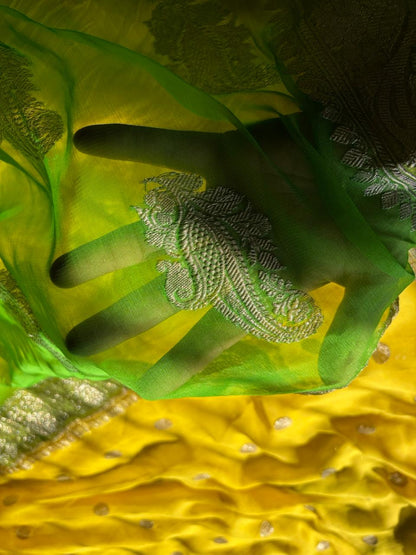 Lemon Yellow & Kaccha Aam Green Khadi Georgette Saree with Real Silver Zari