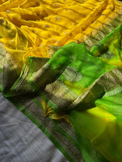 Lemon Yellow & Kaccha Aam Green Khadi Georgette Saree with Real Silver Zari