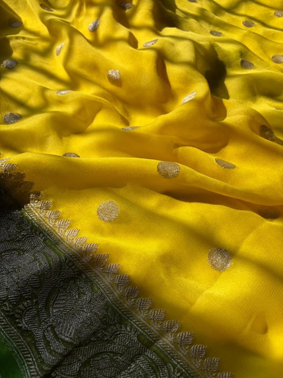 Lemon Yellow & Kaccha Aam Green Khadi Georgette Saree with Real Silver Zari