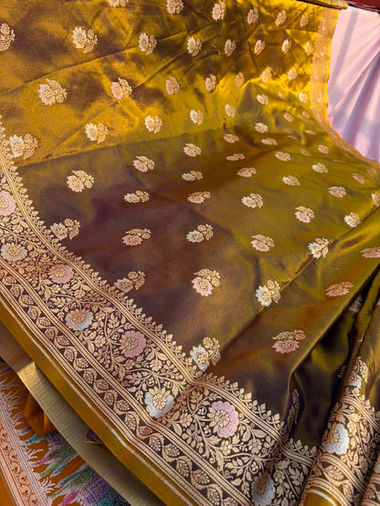 Golden Satin Silk Saree with Pink & Silver Meenakari Work | Soft Lightweight Designer Saree | Premium Party Wear
