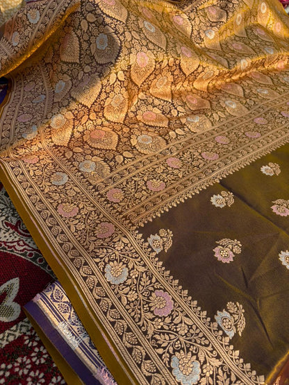 Golden Satin Silk Saree with Pink & Silver Meenakari Work | Soft Lightweight Designer Saree | Premium Party Wear