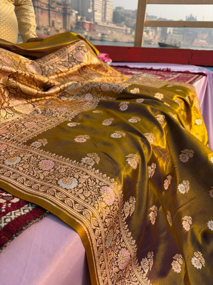 Golden Satin Silk Saree with Pink & Silver Meenakari Work | Soft Lightweight Designer Saree | Premium Party Wear