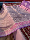 Pure Khadi Georgette Nude Pink Saree with Lavender Border | Real Silver Zari Handloom Saree | Lightweight Pastel Party Wear