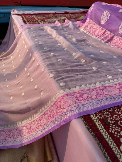 Pure Khadi Georgette Nude Pink Saree with Lavender Border | Real Silver Zari Handloom Saree | Lightweight Pastel Party Wear