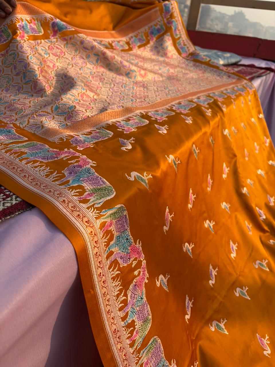 Peet Pichwai Mashru Silk Saree – Mustard Yellow Handpainted Hath Rang Saree | Traditional Pichwai Art | Premium Designer Saree