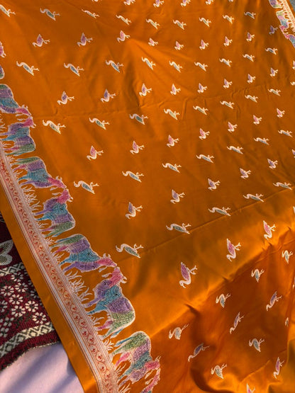 Peet Pichwai Mashru Silk Saree – Mustard Yellow Handpainted Hath Rang Saree | Traditional Pichwai Art | Premium Designer Saree