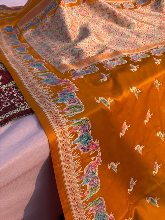 Peet Pichwai Mashru Silk Saree – Mustard Yellow Handpainted Hath Rang Saree | Traditional Pichwai Art | Premium Designer Saree