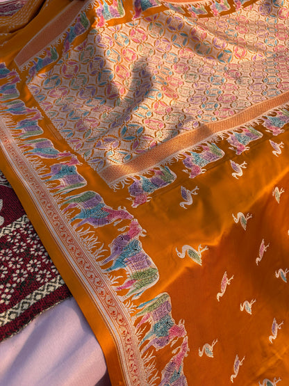 Peet Pichwai Mashru Silk Saree – Mustard Yellow Handpainted Hath Rang Saree | Traditional Pichwai Art | Premium Designer Saree