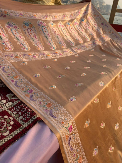 Copper Camel Rajwada Meenakari Mashru Silk Saree | Handpainted Hath Rang Border & Pallu | Premium Handmade Designer Saree