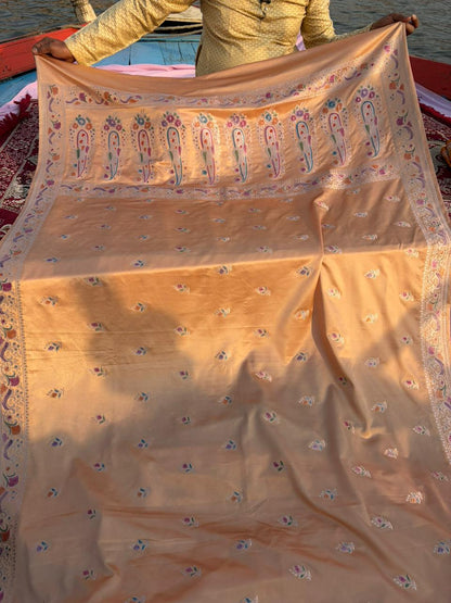Copper Camel Rajwada Meenakari Mashru Silk Saree | Handpainted Hath Rang Border & Pallu | Premium Handmade Designer Saree