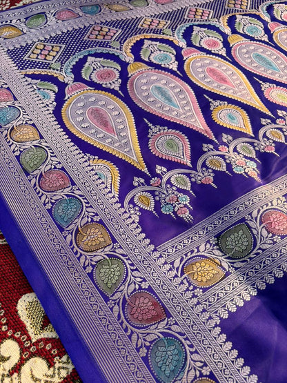 Neel Kalamkari Mashru Silk Saree | Handpainted Hath Rang Border | Rose Gold Zari | Minimal Designer Saree